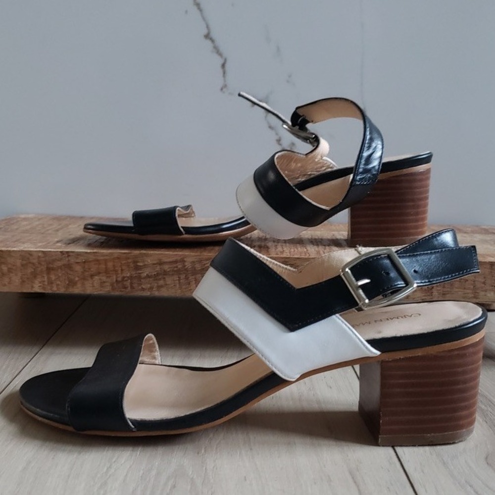 Carmen Marc Valvo Sandals Womens 36 Black White Leather Spain Chunky Heels